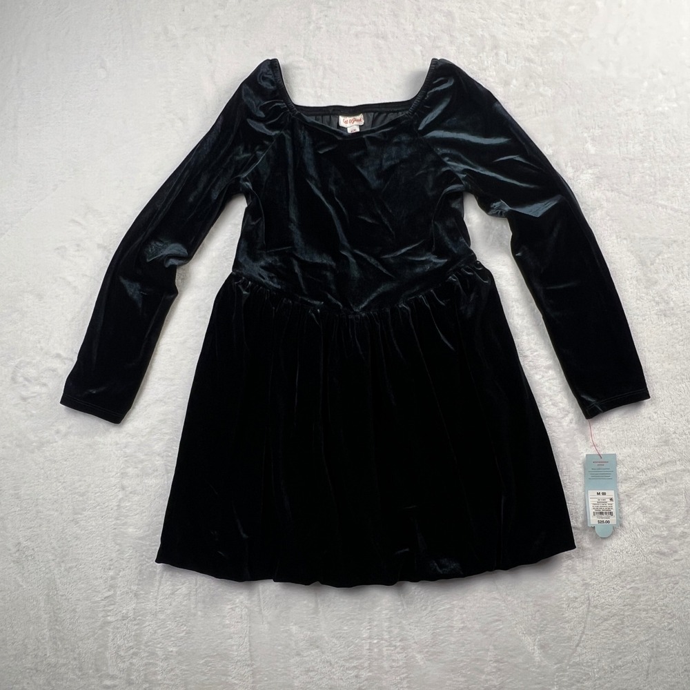 NWT Cat & Jack Girls Black Velvet Bubble Hem Dress M 8 Long Sleeve Holiday